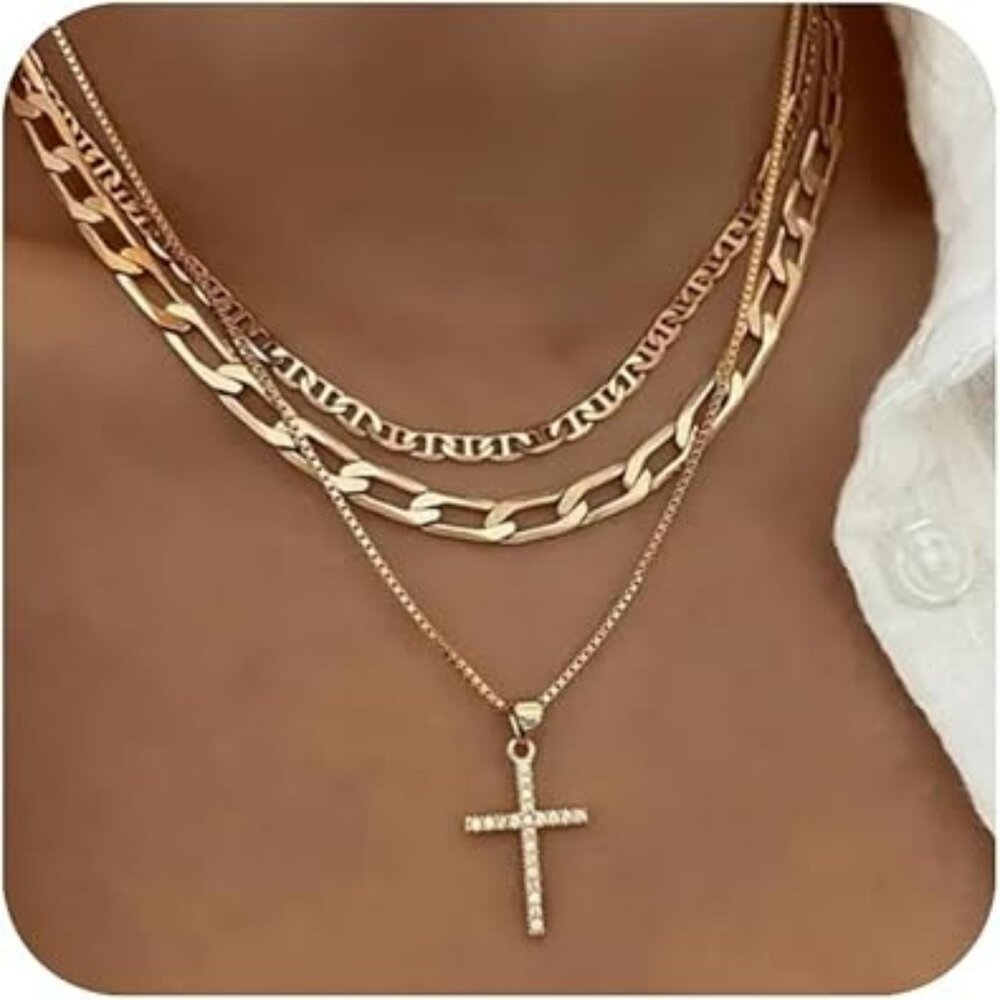 Gold Cross Necklace Stackable Stacked‎ Stacking Necklaces CZ Diamond 15"